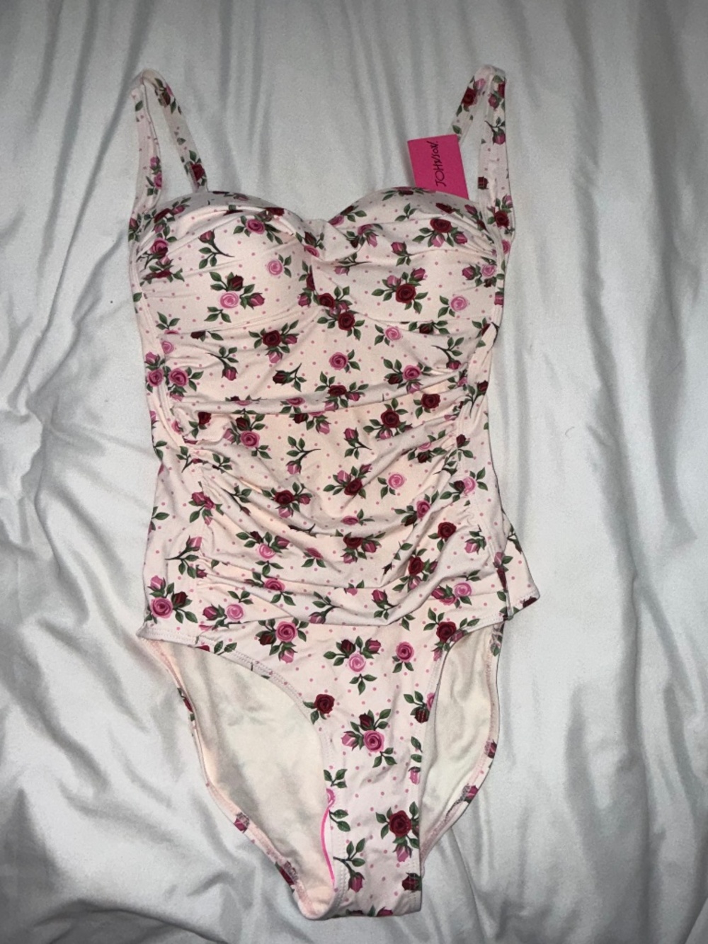 Betsey Johnson Floral One Piece Swimsuit Small Pink Rose Ruched NWT